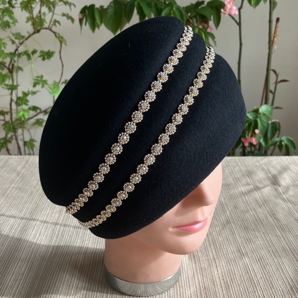 Elegant Black Wool Hat with Gold Rhinestone Floral Accents